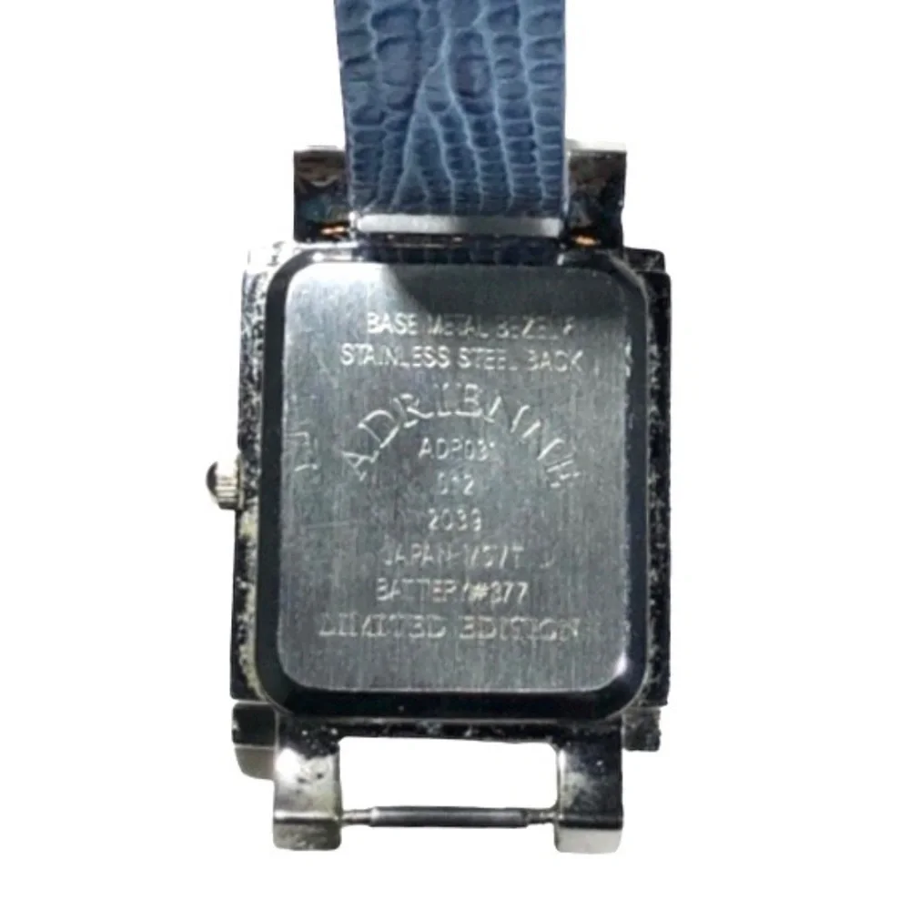 ADRIENNE LIMITED PAVE CRYSTAL ART DECO WATCH W BLUE LEATHER LIZARD PRINT BAND